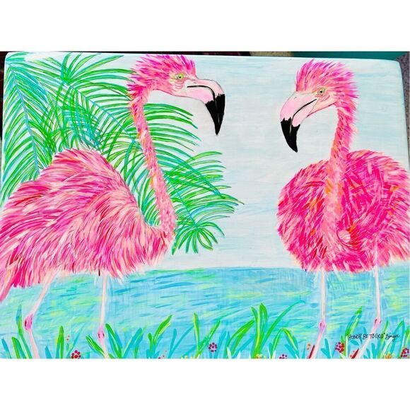 Flamingo Tray Table Hand Painted Coastal Original Vintage Rare Wood L19” W14” H2 - Picture 1 of 16